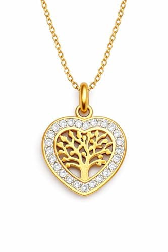 Collier Arbre de Vie en Acier Inoxydable Doré avec Pendentif Cœur et Pierres Scintillantes, Chaîne Réglable avec Fermoir Mousqueton.Saint-Valentin, anniversaire, Noël ou surprise pour faire plaisir