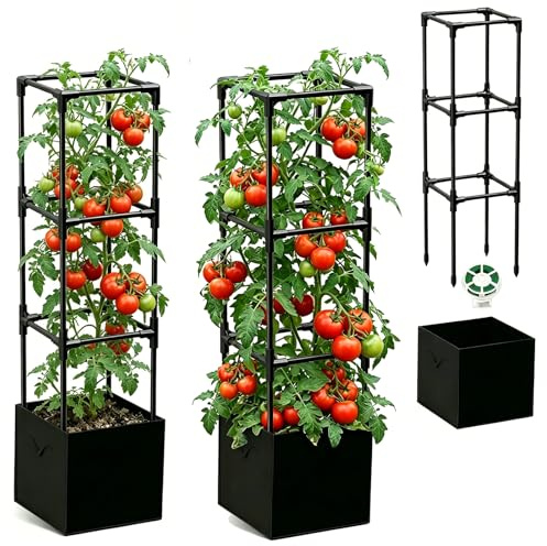 Verstärkter Tomatenkäfige mit Pflanzbeuteln, 120 cm 2‑in‑1‑Anzuchtbeutel mit Tomatenkäfig, Rankgitter für Kletterpflanzen, Gemüse, Blumen, Innen Außenbereich (1 PC)