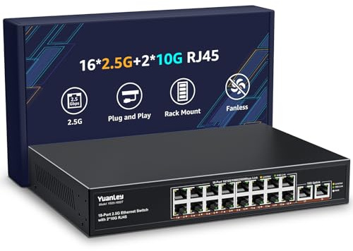 YuanLey Switch Ethernet 2,5G a 18 Porte Non Gestito, 16 x Porte 2,5G Base-T e 2 x Porte 10G RJ45, Switch di Rete Multi-Gigabit in Metallo, Compatibile con 100/1000/2500Mbps, Ideale per NAS 2,5G/10G
