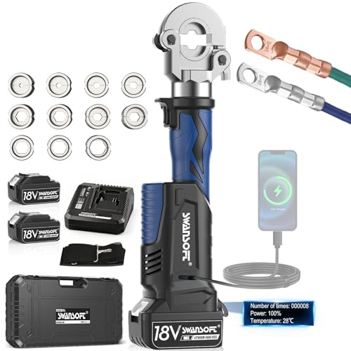SWANSOFT Pinza Crimpatrice Idraulica Elettrica da 6Ton 16-300mm², Strumento di Crimpatura Continua per Terminali di Cavi in Cu/Al con Durata di 30000 Operazioni Set Completo con 11 Matrici 600B