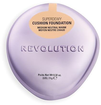 Revolution Superdewy Cushion Foundation, Sehr Hell Warm | Aufbaubare Deckkraft, Feuchtigkeitsspendend für Reife Haut, Strahlendes Finish mit Peptiden, Vegan & Tierversuchsfrei, 9g