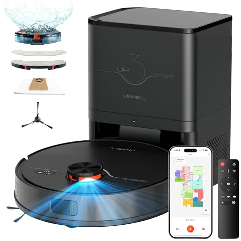 uninell Staubsauger Roboter mit Wischfunktion 8000Pa mit Absaugstation 3.5L | Saugroboter 200Min Laufzeit, LiDAR Navigation, Selbstentleerend，4-in-1 Saug und Wischroboter, Teppich Tierhaare,APP Steuerung