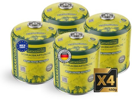 Campingman 4 Stück Gaskartuschen 450g, EN417 Schraubkartusche mit Schraubventil, Butan-Propan Gas, Geräte mit 7/16“ Gewinde, Ventilkartusche für Campingkocher, Weber Gasgrill, Camping & Outdoor