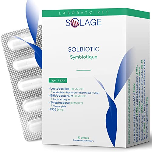 SOLBIOTIC Cure de Bactéries Lactiques & Prébiotiques. Flore Intestinale. 20Mds UFC Haute Activité. 30 gélules Gastro-résistantes. 1 par jour suffit Complément Alimentaire. Laboratoire Français SOLAGE