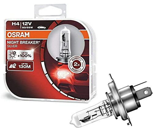 2x Osram H4 60/55W 12V Night Breaker Silver +100% 64193NBS-HCB hell Weiß Ersatz Halogen Birne für Scheinwerfer, Fernlicht, Abblendlicht, Nebelleuchte vorne - E-geprüft