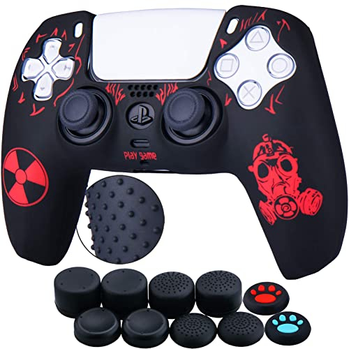 YoRHa Hintere Punkte Carving Silikon Hülle Abdeckungs Haut Kasten für PS5 Controller x 1 (Strahlung Rot) mit Pro Aufsätze Thumb Grips x 10