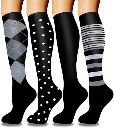 ACTINPUT 4 Paar Kompressionsstrümpfe für Damen Herren, Bunte Stützstrümpfe Kompressionssocken für Sport, Flug, Laufen, Reisen, Radsport, krankenschwester(4108 - Schwarz,L-XL)