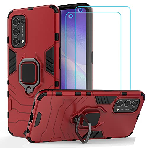Ytaland Ring Hülle für Oppo Find X3 Lite 5G, Mit 2 x Schutzglas Schutzfolie, Schutzhülle Cover Handyhülle Mit 360 ° Verdrehbare Ring, Case Bumper (Weinrot)