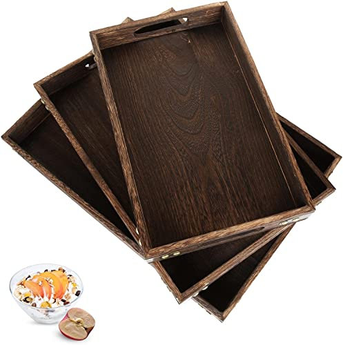 STARVAST Lot de 3 plateaux de service rectangulaires en bois avec poignées pour collations dans la cuisine, vaisselle, boissons, petit-déjeuner, plateau de petit-déjeuner