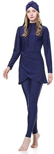 OBEEII Muslimische Bademode für Frauen Modest Solid Color Bademode Islamische Bademode Hijab Burkini Tankini Bademode, 3-teiliger Muslimischer Badeanzug für Frauen Navy C XL