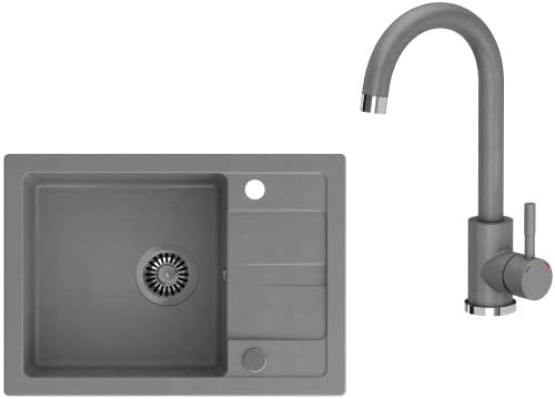 VBChome Fregadero con grifo, gris, 62 x 44 cm, granito, individual, fregadero empotrable, superficie de goteo, reversible, grifo gris compuesto + sifón.