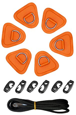 D-Ring Pad, Asudaro 6Pcs D-Ring Kajak Patch Heavy Duty SUP Bungee Deck Rigging Edelstahl D-Ring-Kit mit 2,5 m Bungee-Seil Geeignet für PVC-Schlauchboote, Surfbretter, Schlauchboote, Kajaks,Orange