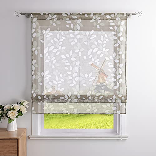CORLIF Raffrollo Leinenoptik mit Tunnelzug Küche Raffgardine Blätter-Druck Fenster Bändchenrollo Transparenter Kurz Vorhang Landhausstil B/H 100/140 cm Braun