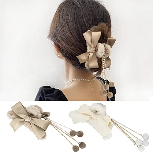2 PCS Furry Hair Claw Big Bow Hair Clips Banana Jaw Clips Pearl Tassel Hair Clips Strong Hold Hair Claw Clips Fashion Hair Accessories for Women and Girls