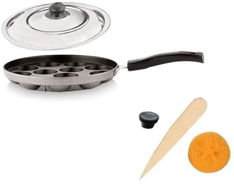 Satre Online and Marketing Non Stick Aluminium Appam Pan 12 Cavity With Handel and Stainless Steel Lid - Blak and Silver