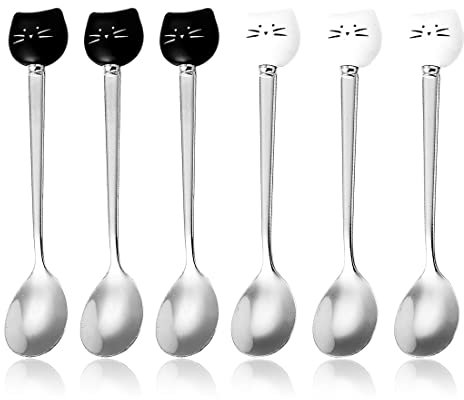 XPEX 6 Stück Süß Katzenlöffel,Katze Deko,Edelstahl Katze Kopf Kaffee Löffel, Katze Liebhaber Löffel, Schön Löffel, Eiscreme Dessert Löffel zum Rühren Tee Kaffee Zucker Dessert (Schwarz, Weiß)