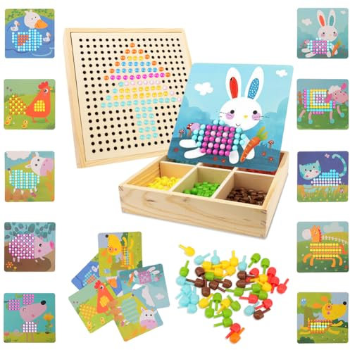 RANJIMA Mosaik Steckspiel Bastelset für Kinder Ab 3-5 Jahre - Pegboard Mit 240 Steckperlen, 10 Bilder - Montessori Spielzeug Geschenke für Mädchen Jungen - Bauernhof-Thema