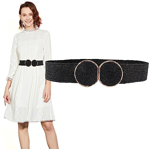 Longwu Ceintures élastiques extensibles tissées en paille pour femmes, ceinture de robe fine tressée style Boho pour dames avec boucle à crochet