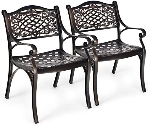 COSTWAY 2 PCS Outdoor Garden Chairs, All Weather Cast Aluminum Chairs with Armrests and Curved Seats, Patio Bistro Dining Armchair Set for Backyard Porch Poolside
