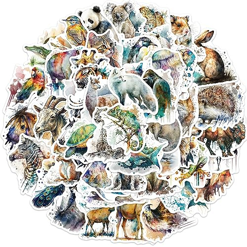 Wasserfarben Tiere Aufkleber für Laptop (50PCS),Geschenk für Kinder Jugendliche Erwachsene Jungen,Tiere Stickers Wasserdicht Vinyl Aufkleber für Scrapbook,Skateboard,Auto,Gepäck