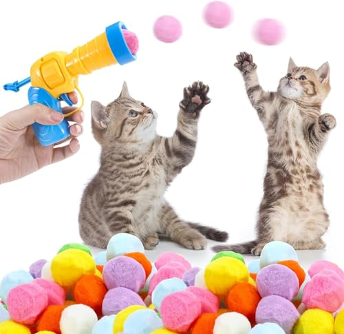 BizoeRade Katzenspielzeug Bälle, Interactive Katzen Toy mit Plüschballwerfer, Spielzeug für Indoor Haustier Katzen (50 Bälle)