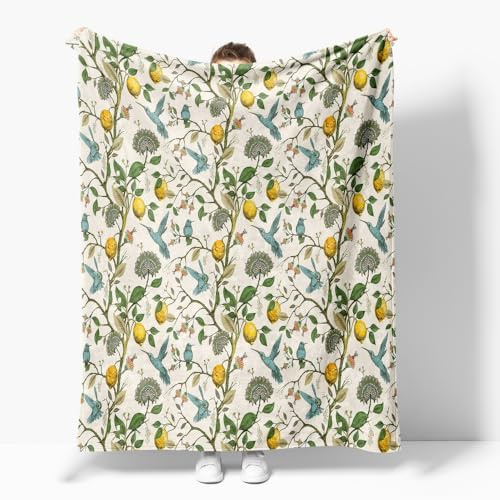Decke mit Zitronenbaum-Blumen-Vogel-Druck, rustikal, weicher Flanell, leicht, blau/gelb/grün, Vintage-Überwurf für Wohnzimmer, Sofa, Dekoration, Geschenke für Frauen und Mädchen, alle Jahreszeiten