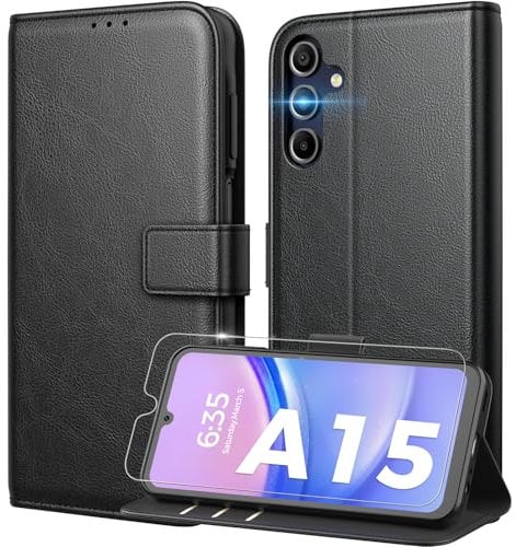 Peakally Handyhülle für Samsung Galaxy A15 5G / A15 4G Hülle [Mit 1 Stück Panzer Schutz Glas] [Premium PU Leder] [RFID-Blockierung] [Kartenfach] Klapphülle kompatibel mit Galaxy A15 - Schwarz