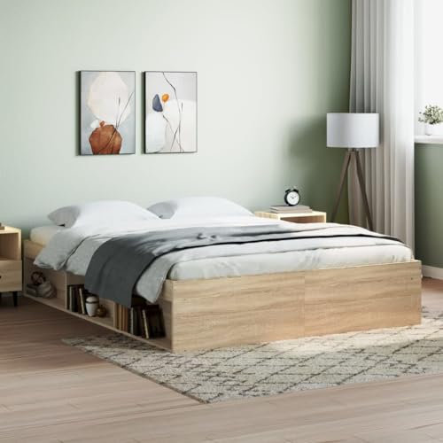 Festnight Bett 150x200 cm Holzbett mit Stauraum Massivholzbett mit Fächer Bettgestell mit Lattenrost Einzelbett Doppelbett Bettrahmen Jugendbett Holz Sonoma Eiche