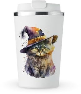 MAXIKIWI Isolierter doppelwandiger, auslaufsicherer Edelstahlbecher, Kaffee- oder Tee-Reisebecher mit Deckel, hält Getränke heiß und kalt, Kätzchen-Hexen-Aquarell, 350 ml