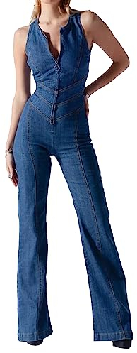 xxxiticat Damen Denim Jumpsuit Front Zip Up Deep V Neck Sexy ärmellose Bell Bottom Pants Strampler(BE,M)