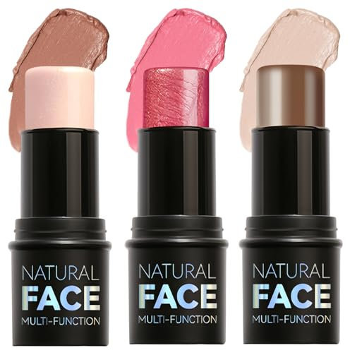 Nivofu 3PCS Colorete En Crema Contour Stick Iluminador En Stick, Bronzer y Blush, Barra De Maquillaje Multifuncional, Resistente al Agua, Persistente, Define Los Pómulos y Esculpe el Rostro