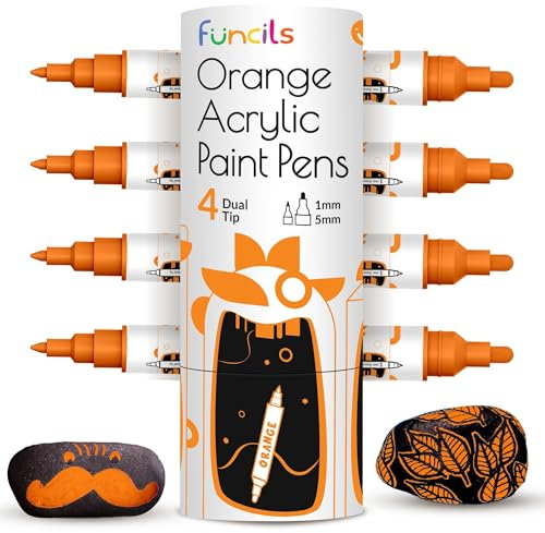4 Dual Tip Orange Metallic Acrylmarker - Feine & Mittlere Spitzen - Orange Stifte für Metall, Holz, Leinwand, Stein, Keramik, Glas, Stoff, Kunststoff - Wasserbasierte, Schnelltrocknende Tinte