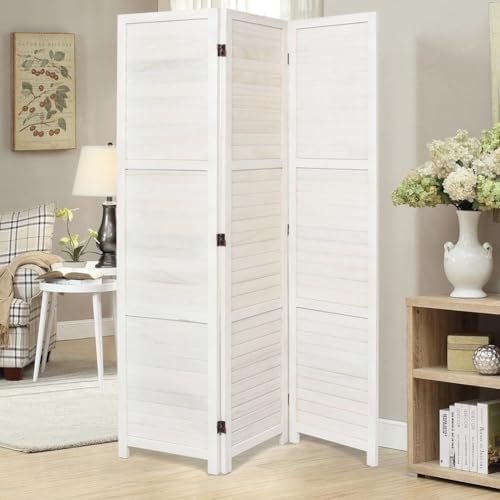 INMOZATA Room Divider, 3 Panel Folding Privacy Screen Paulownia Solid Wood Room Dividers, Movable Partition Screen Decorative for Living Room, Bedroom, Study, Office,120 x 170cm White