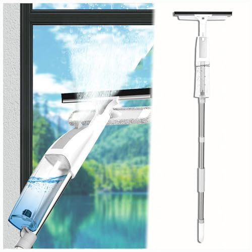 RYJYQYX 3 in 1 Sprüh Fensterputzer mit Verlängerungsstange, Fensterwischer Mit Teleskopstiel mit 3 Mikrofasertüchern Duschabzieher Silikon für hohe Fenster innen/außen