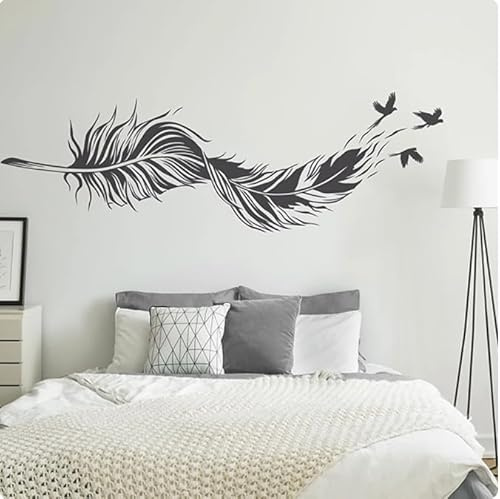vsdhlsidgl Wandtattoo Gebogene Feder mit fliegendem Vogel Freiheit Wandaufkleber Aufkleber Schlafzimmer Wohnzimmer, schwarz, 90cmbreit x 28cmhoch