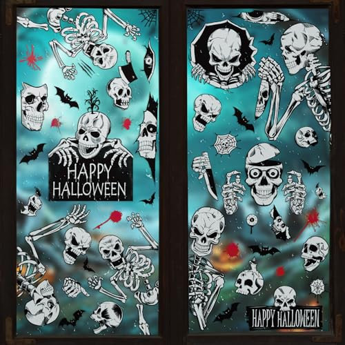 Toptime Halloween Fensterbilder, 70 Stück Fensteraufkleber mit Totenkopf-, Fledermaus- und Blutmustern, 8 Blatt Horror Fenstersticker Halloween Party Deko, Halloween Sticker für Glas, Wand, Spiegel