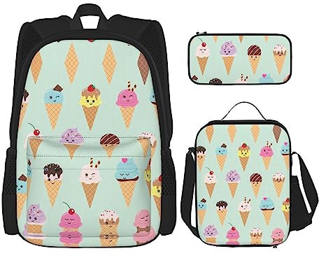 WURTON 3-in-1-Set mit Eistüten bedruckt, lässig, verstellbarer Schulter-Rucksack, Lunch-Tasche, Federmäppchen, Beutel, Schwarz, Einheitsgröße