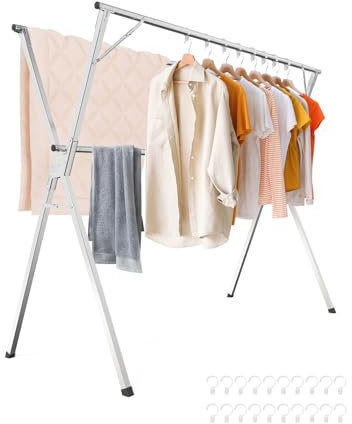 DamyTroso Wäscheständer, 160 cm, robuster Edelstahl-Kleiderstange, faltbarer Wäscheständer für drinnen und draußen, mit 20 winddichten Haken