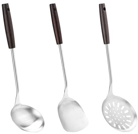 FJNATINH Wok Spatula,Wok LöFfel And Wok SchaumlöFfel Set, Stainless Steel KüChenhelfer Set, Suitable For Kitchens With Long Heat-Resistant Wooden Handle