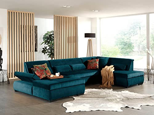 Lisa Design - Canapé Panoramique en U Droit Vermont en Velours - Grand Sofa XXL Bleu Canard 7 Places - Salon