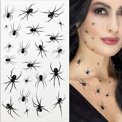 3 Blatt Spinnen Temporäre Tattoos zum Aufkleben Halloween kostüm Zubehör Deko Karneval Accessoires Klebetattoos Hautfreundliche Kindertattoos für Faschingskostüm Party Punk Kinder Damen