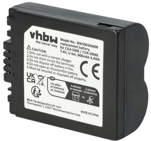 vhbw batteria compatibile con Panasonic Lumix DMC-FZ8, DMC-FZ7 fotocamera (600mAh, 7,2V, Li-Ion)