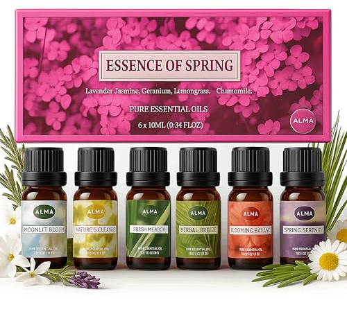 Alma Coffret Huiles Essentielles – Huile Essentielle Aromathérapie – Menthe Poivrée & Eucalyptus 10 ml – Diffuseur et Ambiance Maison – Orange Douce, Bergamote, Basilic & Tea Tree – 6 Flacons 10 ml