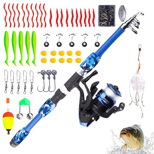 GAOUTO Set di canne da pesca per bambini, set per bambini con mulinello da pesca ed esca, in fibra di carbonio, telescopica, canna da pesca da 1,8 m e mulinello da pesca, set per bambini, accessori da