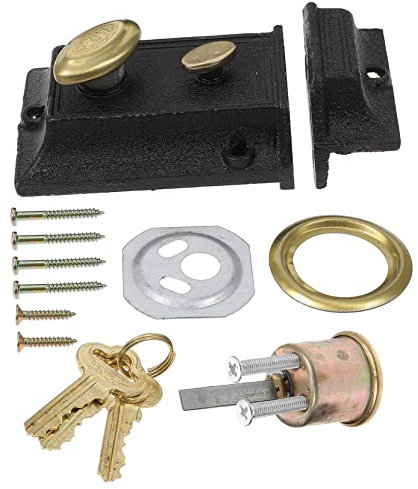 SHINEOFI Serratura a Catenaccio Doppia Sicurezza Vintage in Ferro Per Porte in Legno Spessore 35-55 Mm, Chiavistello Per Porte Antiche Pomello, Set Completo Per Sicurezza Domestica, Scuole e Fabbriche