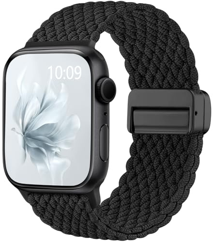 Easuny Geflochtene Band Kompatibel mit Apple Watch Armband 44mm 42mm 45mm 46mm 49mm - Magnetisch Elastisches Nylon Band für iWatch Armband Series 11 10 9 SE 8 7 6 5 4 3 2 1 Ultra - Schwarz