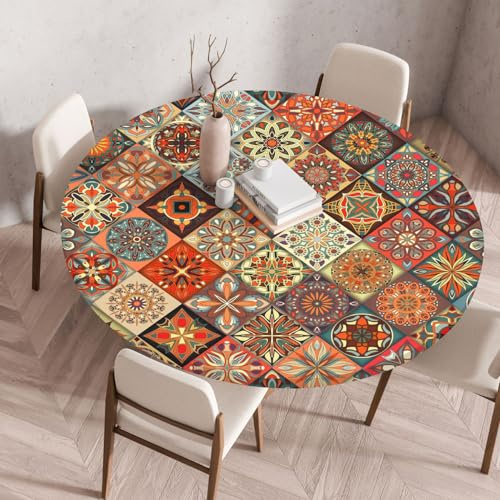Boho Tischdecke Rund 60cm, Outdoor Gartentischdecke mit Gummizug | Abwaschbar Tischdecke Mandala Farben, für Garten, Balkon, Küche Style 2