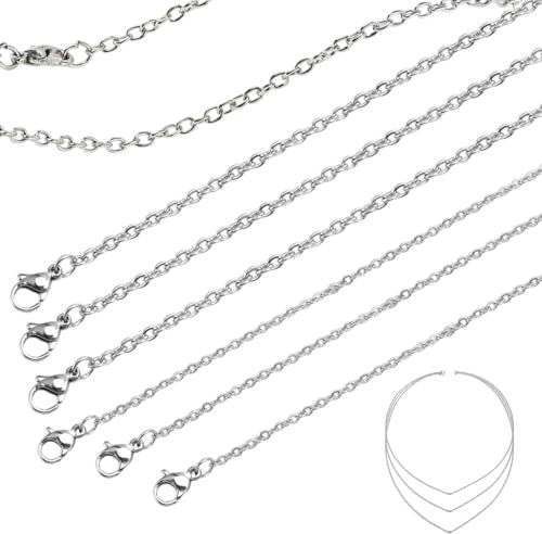 TAGMEIU 6pcs Silver Chain Stainless Steel Chain Necklace Bulk | 18in 20in 24in Length 1.6mm 2.4mm Width Silver Tone Curb Chains For DIY Jewellery Making and Craft Projects