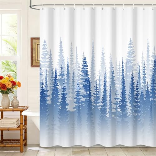 Kzzfqxb Rideaux de Douche 183x183cm avec Crochets en Plastique, Noël Nouvel an Hiver Frais et Froid forêt de pins, étanche Tissu Polyester pour Baignoire, Blanc Bleu décoration pour Salle de Bain