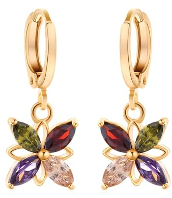 AMDXD 9K Gelbgold 375 Ohrringe Damen Echtschmuck, Blumen Ohrhänger mit Amethyst Rubin Granat Bunt Marquiseschliff, Au375 Gold Ohrstecker Damen Vintage